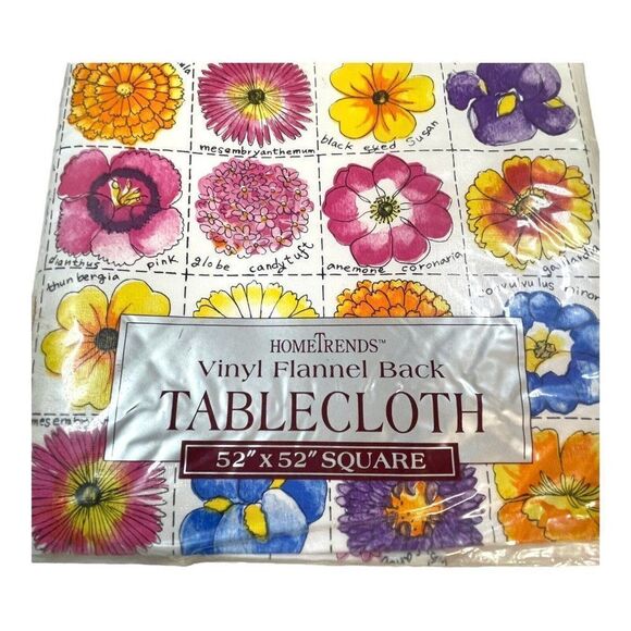 VTG HomeTrends Flowers Vinyl Flannel Backed Tablecloth Botanical Floral 52” MCM - Picture 2 of 4
